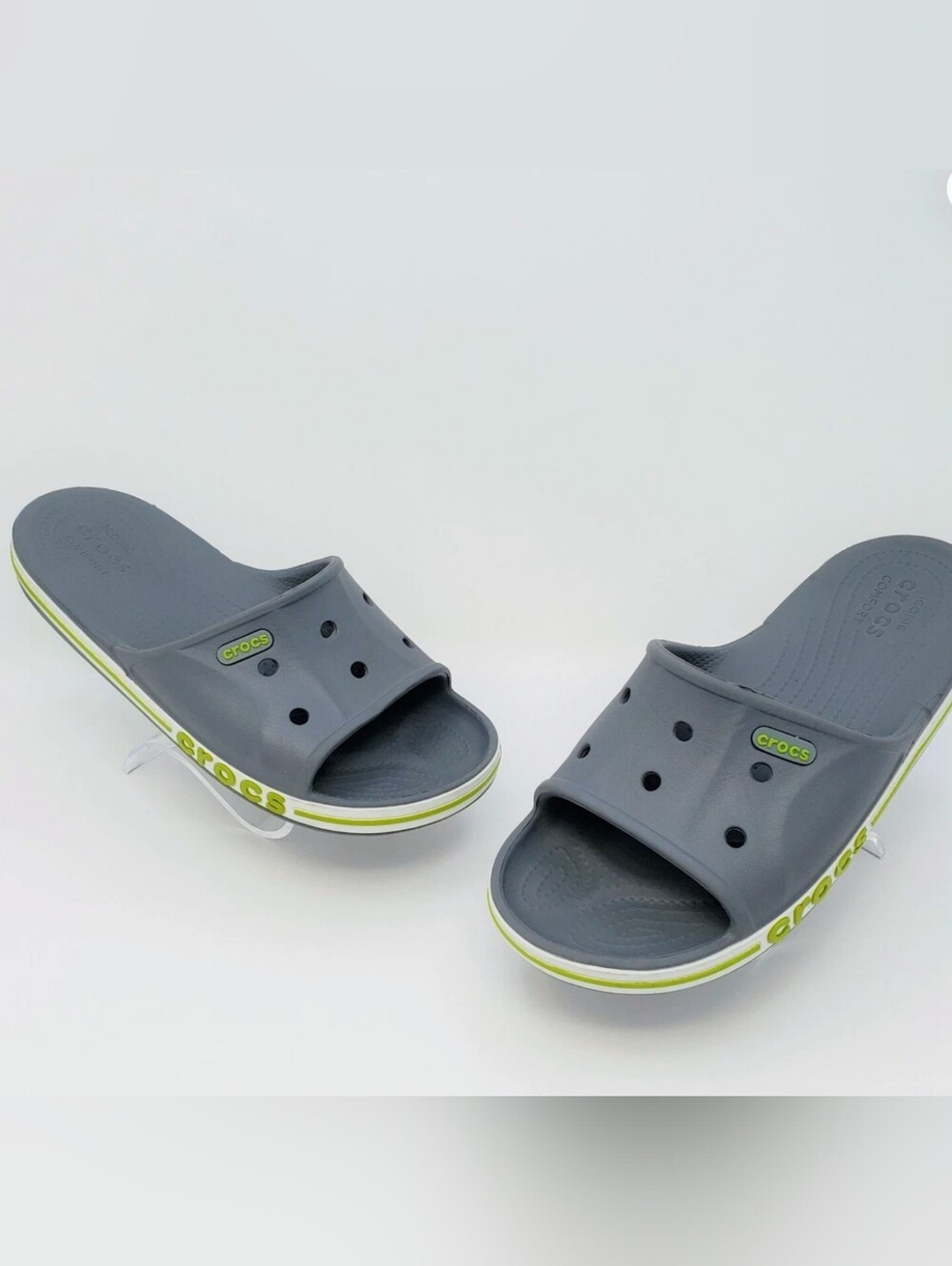 CROCS Charcoal Gray Slide with Lime Green Stripe Unisex - Picture 5 of 11